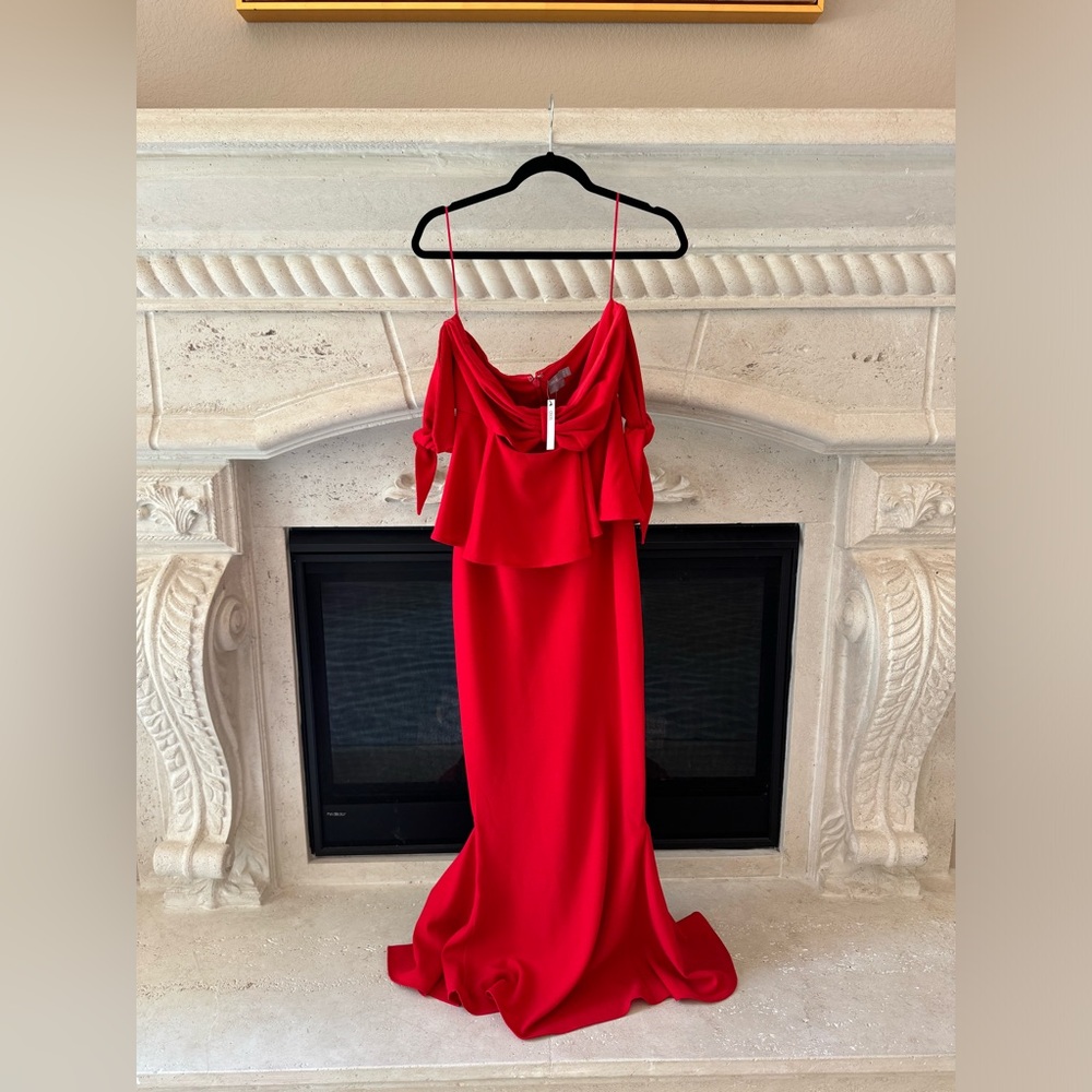 ASOS red off the shoulder formal dress
